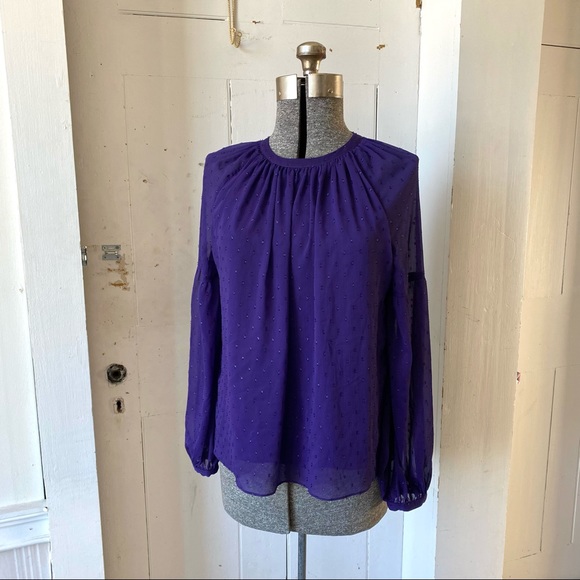 Michael Kors Purple Shimmer Cut Swiss Dot Peasant Top - Picture 5 of 15